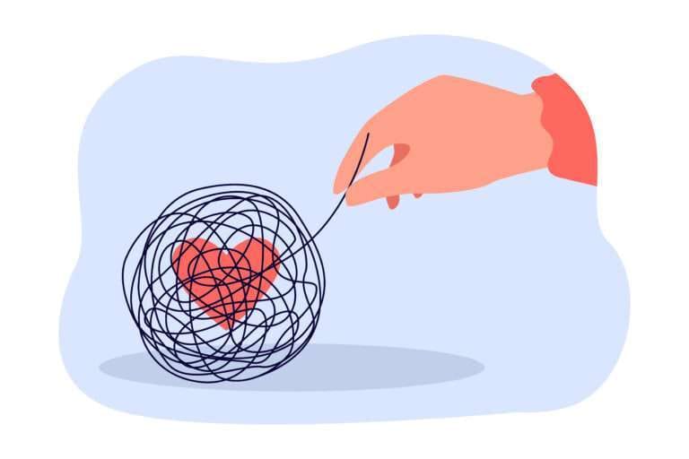 Hand untangling tangle around heart Home